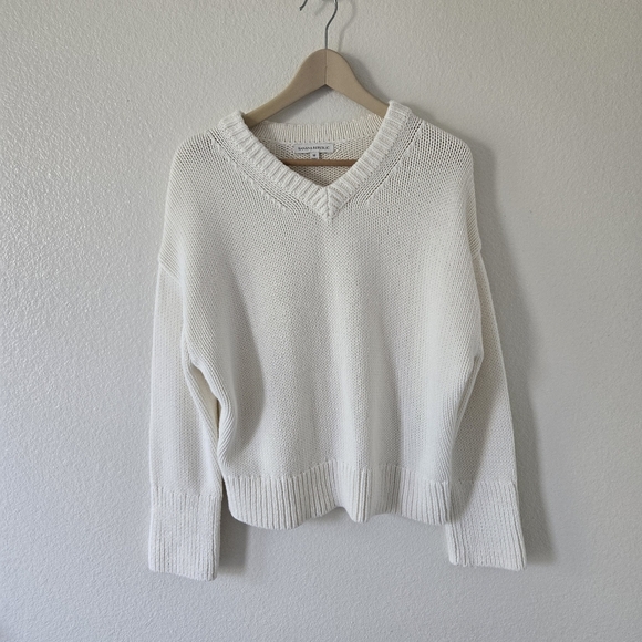 Banana Republic White Chunky Knit Boxy Oversized Cotton V Neck Sweater Medium - Picture 5 of 16